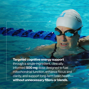 Acetyl L-Carnitine wellness supplement image featuring a swimmer in a pool with messaging about cognitive energy and mitochondrial support