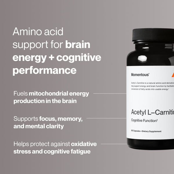 Acetyl L-Carnitine wellness supplement bottle with text describing brain energy, cognitive performance, focus, memory, and mental clarity