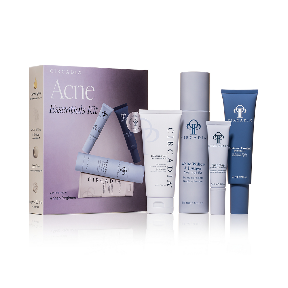 Acne Regimen Bundle | Circadia featuring a cleansing mist, spot solution, and pimple control cream displayed alongside the Acne Essentials Kit box in soft lavender and white packaging.