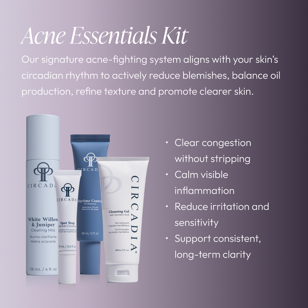 Acne Regimen Bundle | Circadia featuring a cleansing mist, spot solution, and pimple control cream displayed alongside the Acne Essentials Kit box in soft lavender and white packaging.