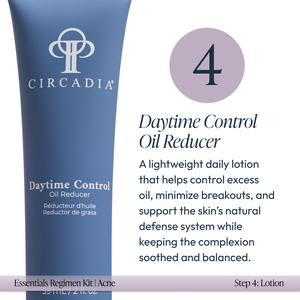 Blue tube of Daytime Control Oil Reducer lotion by Circadia, shown as step 4 in the Acne Regimen Bundle | Circadia, designed to control excess oil and minimize breakouts for balanced skin.