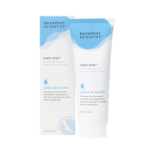 Tube and packaging of High Dive Intensive Hydration Cream | Barefoot Scientist, designed to soften and smooth dry, cracked skin for visibly healthier feet.