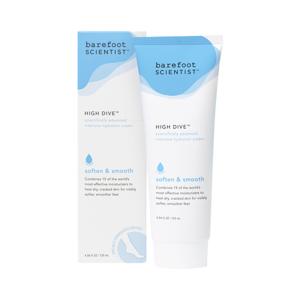 Tube and packaging of High Dive Intensive Hydration Cream | Barefoot Scientist, designed to soften and smooth dry, cracked skin for visibly healthier feet.