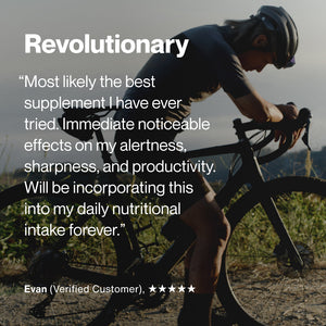 Alpha GPC wellness supplement testimonial over a cyclist riding outdoors with text praising improved alertness sharpness productivity and daily use from Evan verified customer