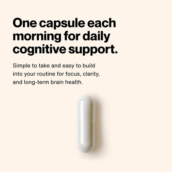 One white capsule on a beige background with text explaining to take one capsule of Alpha GPC each morning for daily cognitive support, focus, clarity, and long-term brain health.