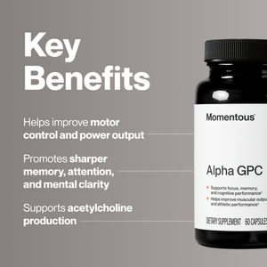 Alpha GPC supplement bottle beside key benefits including motor control power output memory attention mental clarity and acetylcholine production