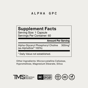 Supplement facts label for Alpha GPC showing 300mg Alpha-Glyceryl Phosphoryl Choline per capsule, with additional ingredients listed and certifications for sport, gluten-free, GMO-free, and vegan.