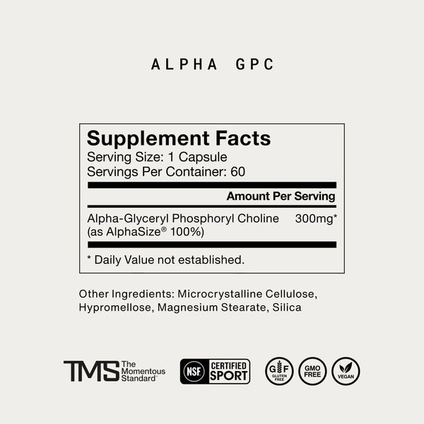 Supplement facts label for Alpha GPC showing 300mg Alpha-Glyceryl Phosphoryl Choline per capsule, with additional ingredients listed and certifications for sport, gluten-free, GMO-free, and vegan.