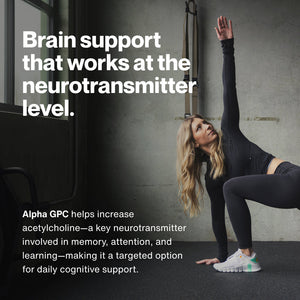 Woman in athletic wear performing a stretch in a gym setting next to text explaining Alpha GPC supports brain health by targeting neurotransmitters to enhance memory, attention, and learning.