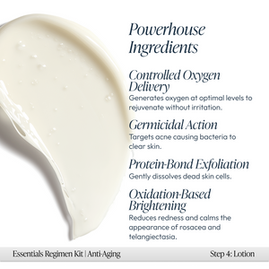 Close-up of a creamy white lotion texture highlighting the Anti-Aging Regimen Bundle | Circadia’s skincare benefits, including controlled oxygen delivery, germicidal action, exfoliation, and brightening for radiant skin.