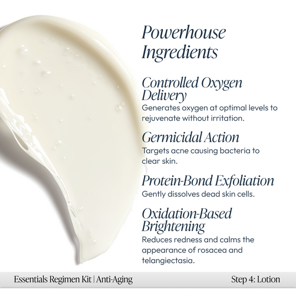 Close-up of a creamy white lotion texture highlighting the Anti-Aging Regimen Bundle | Circadia’s skincare benefits, including controlled oxygen delivery, germicidal action, exfoliation, and brightening for radiant skin.