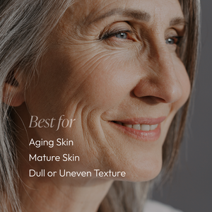 Close-up of a smiling mature woman with natural wrinkles, highlighting aging skin care benefits of the Anti-Aging Regimen Bundle | Circadia for improving dull or uneven texture.