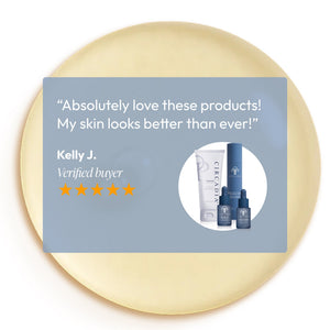 Customer testimonial with five-star rating praising skin improvement alongside image of Anti-Aging Regimen Bundle | Circadia skincare products on a neutral background.