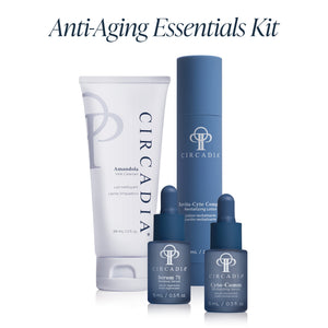 Set of four skincare products including cleanser, lotion, and serums from the Anti-Aging Regimen Bundle | Circadia, designed for advanced skincare and anti-aging benefits.