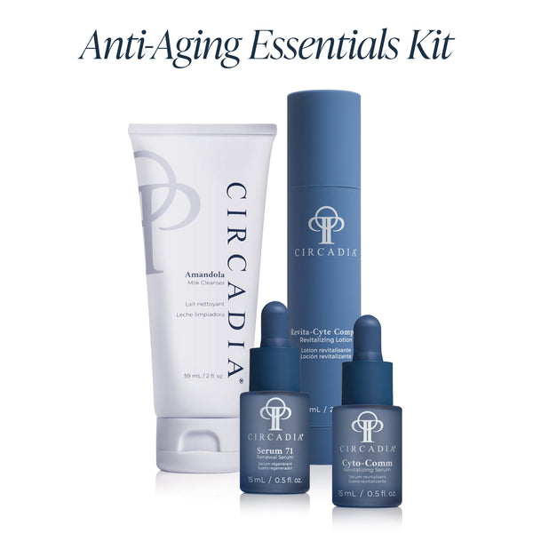 Set of four skincare products including cleanser, lotion, and serums from the Anti-Aging Regimen Bundle | Circadia, designed for advanced skincare and anti-aging benefits.