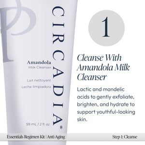 Close-up of Circadia Amandola Milk Cleanser tube with description highlighting lactic and mandelic acids for gentle exfoliation and hydration, part of the Anti-Aging Regimen Bundle | Circadia.