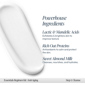 Close-up of a smooth white cream texture highlighting key skincare ingredients including lactic and mandelic acids, rich oat proteins, and sweet almond milk, part of the Anti-Aging Regimen Bundle | Circadia.