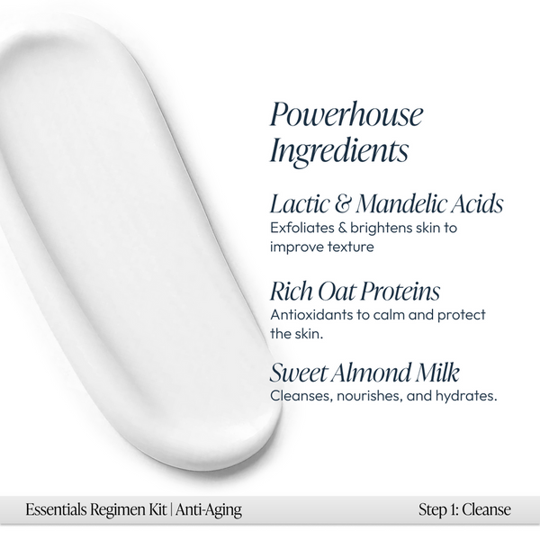Close-up of a smooth white cream texture highlighting key skincare ingredients including lactic and mandelic acids, rich oat proteins, and sweet almond milk, part of the Anti-Aging Regimen Bundle | Circadia.