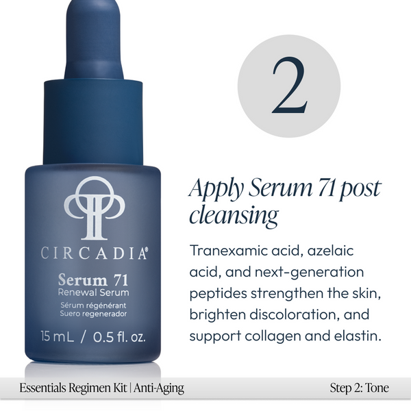 Close-up of a blue bottle of Serum 71 Renewal Serum from the Anti-Aging Regimen Bundle | Circadia, highlighting its use after cleansing to strengthen skin and support collagen with key acids and peptides.