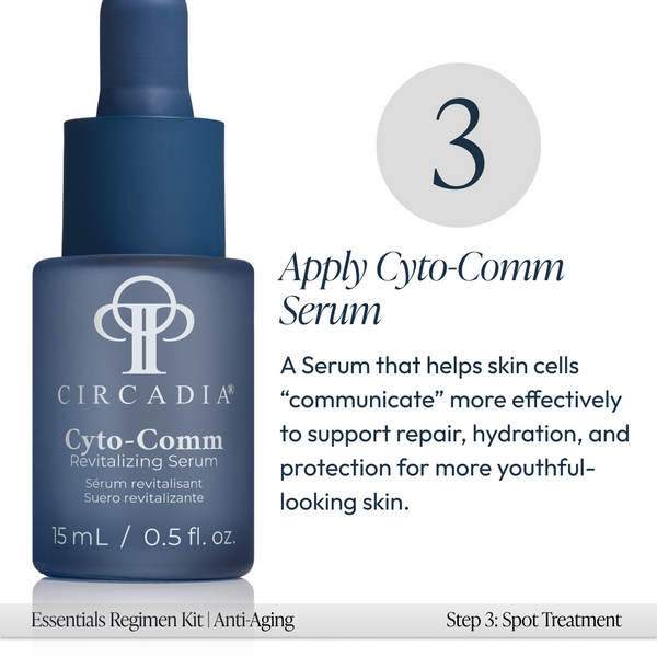 Close-up of Circadia Cyto-Comm Revitalizing Serum bottle from the Anti-Aging Regimen Bundle | Circadia, highlighting skincare focused on repair, hydration, and youthful skin.