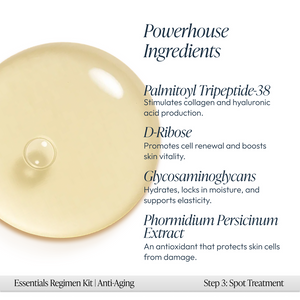 Close-up of a translucent serum drop highlighting powerhouse ingredients including Palmitoyl Tripeptide-38, D-Ribose, Glycosaminoglycans, and Phormidium Persicinum Extract featured in the Anti-Aging Regimen Bundle | Circadia.