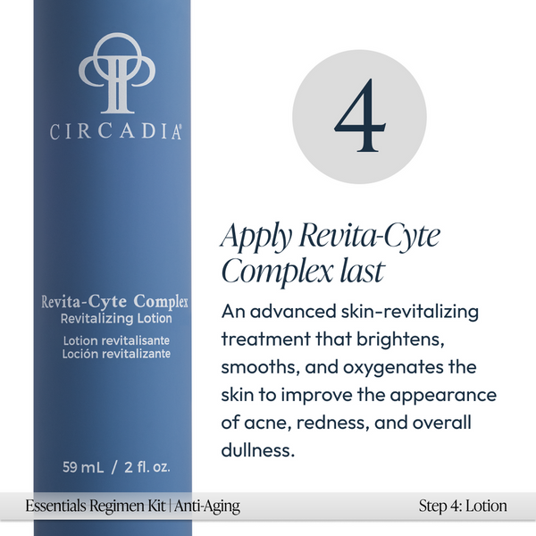 Bottle of Revita-Cyte Complex revitalizing lotion with instructions to apply last for brightening, smoothing, and oxygenating skin to improve acne, redness, and dullness in Anti-Aging Regimen Bundle | Circadia.