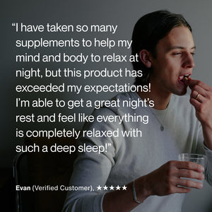 Apigenin customer testimonial showing a man taking a supplement with water and describing improved relaxation and deep sleep at night