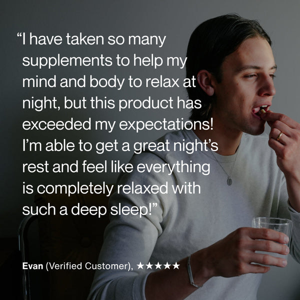Apigenin customer testimonial showing a man taking a supplement with water and describing improved relaxation and deep sleep at night