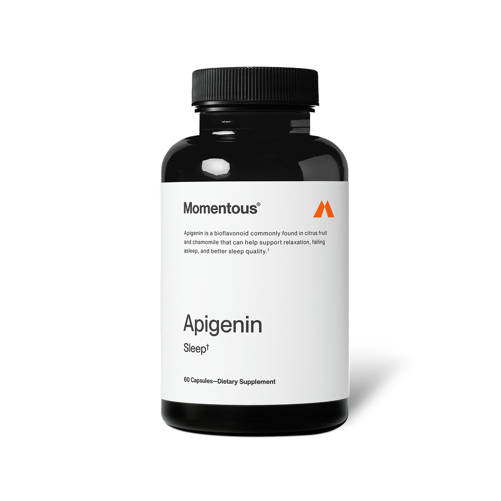 Black bottle of Apigenin dietary supplement with white label featuring minimalist text and an orange logo, designed for wellness and sleep support.