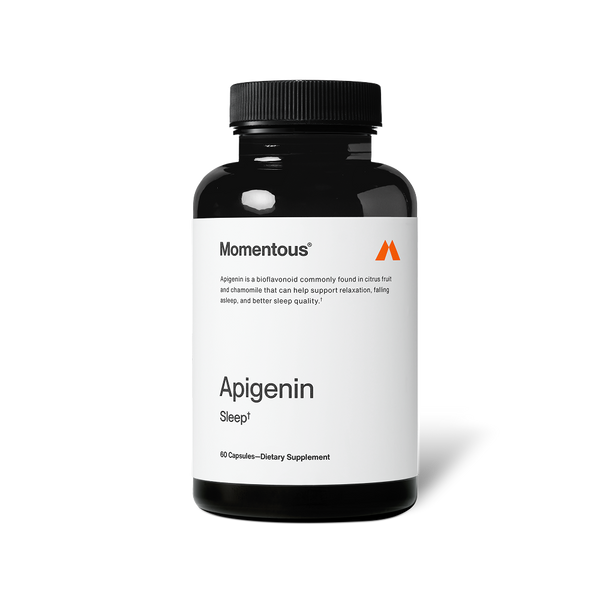Black bottle of Apigenin dietary supplement with white label featuring minimalist text and an orange logo, designed for wellness and sleep support.