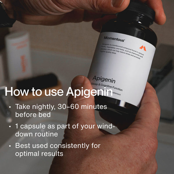Hands holding an Apigenin bottle with guidance to take one capsule nightly 30 to 60 minutes before bed as part of a wind down routine