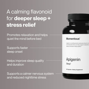 Apigenin wellness supplement bottle promoting relaxation deeper sleep stress relief and improved sleep quality for nighttime wellness support