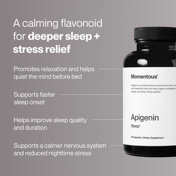 Apigenin wellness supplement bottle promoting relaxation deeper sleep stress relief and improved sleep quality for nighttime wellness support