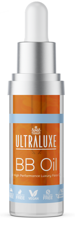 Bottle of BB Oil | Ultraluxe Skincare with a silver dropper cap, featuring branding and icons indicating vegan, cruelty-free, and sulfate-free luxury skincare product.