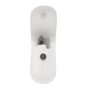 White leather case with a snap closure containing two sleek wellness tools designed for skincare and body care, part of the Clip Clip | Barefoot Scientist collection.
