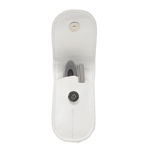 White leather case with a snap closure containing two sleek wellness tools designed for skincare and body care, part of the Clip Clip | Barefoot Scientist collection.