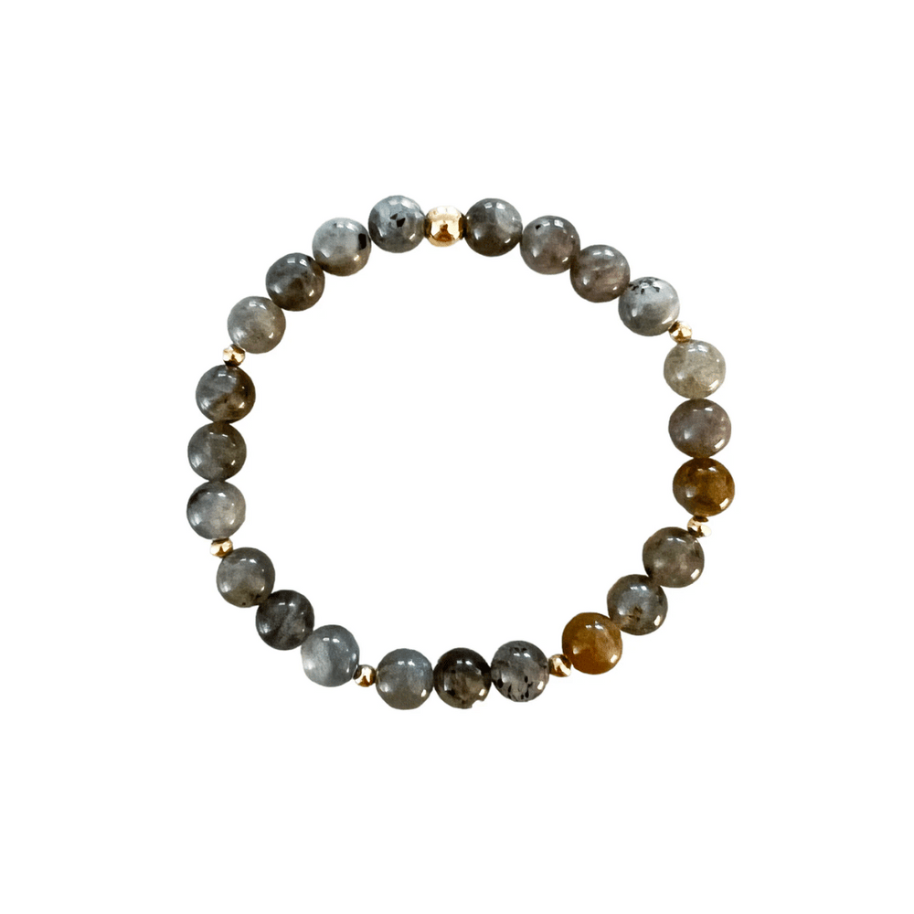 Creativity Intention Bracelet | Meghan Bo featuring polished round beads in gray and brown tones accented with small gold spacer beads, designed for wellness and mindful intention.