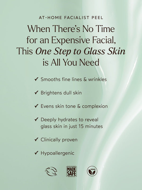 At-Home Facialist Peel | True Botanicals product benefits listing including smoothing fine lines, brightening dull skin, evening skin tone, deep hydration, clinical proof, and hypoallergenic features on a soft green background.