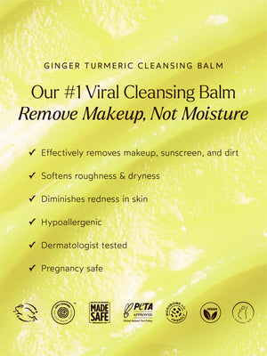 Close-up of a yellow textured surface with text highlighting benefits such as effective makeup removal, softening dryness, reducing redness, hypoallergenic and dermatologist-tested features of Ginger Turmeric Cleansing Balm | True Botanicals.