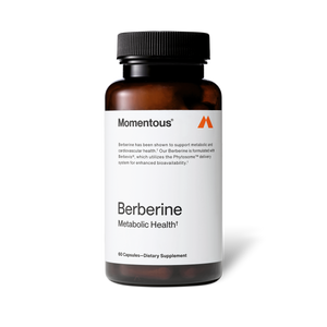 Bottle of Berberine dietary supplement by Momentous, supporting metabolic health with advanced bioavailability, containing 60 capsules for wellness supplementation.