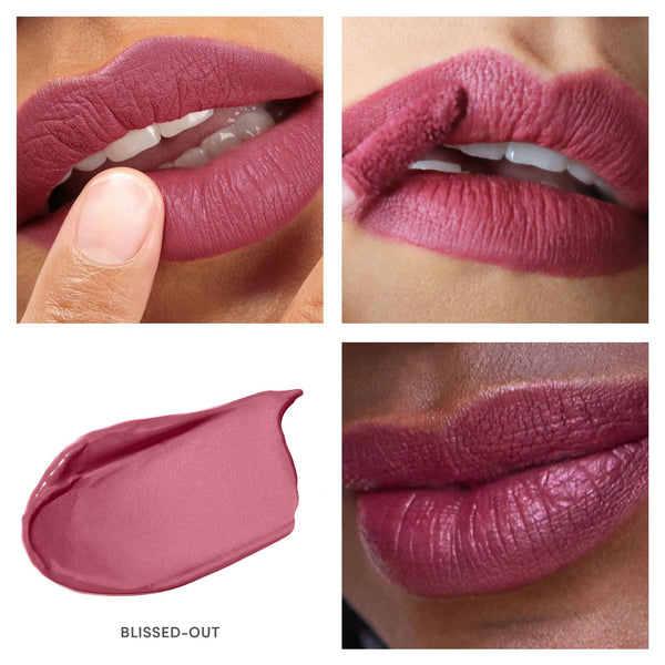 Close-up views of lips wearing a rich mauve-pink shade of Beyond Matte® Lip Stain | Jane Iredale, showcasing smooth texture and full coverage in the Blissed-Out color.