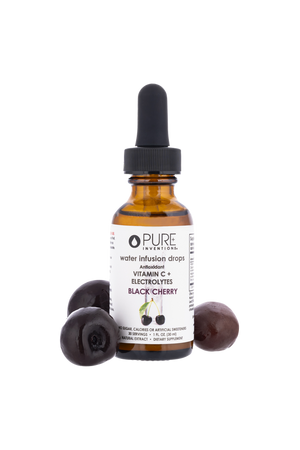 Electrolytes + Vitamin C Black Cherry - | Pure Inventions water infusion drops bottle with black cherries, a wellness supplement for hydration and antioxidant support.