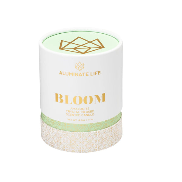 Bloom Glass Candle | Aluminate Life featuring amazonite crystal infusion in a sleek white and gold decorative container promoting wellness and relaxation.