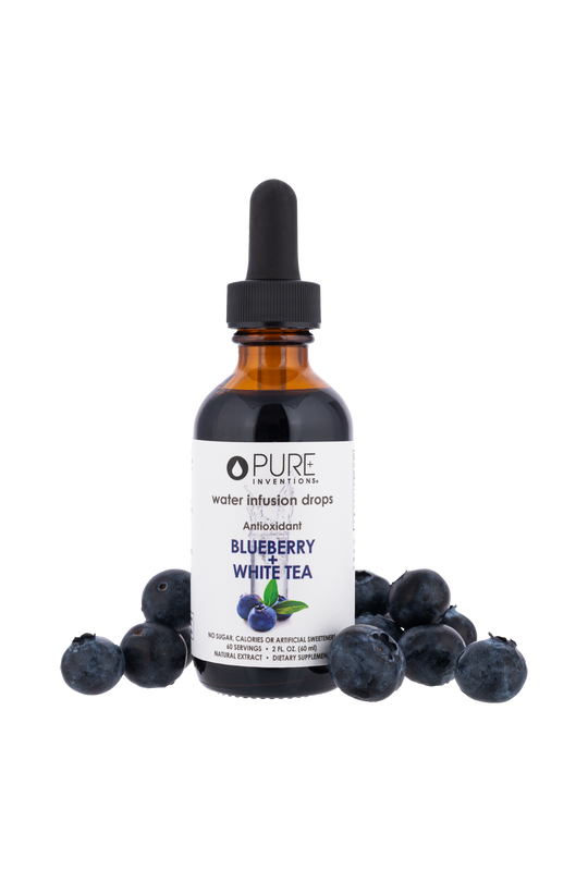 Bottle and packaging of Super Fruit Extracts Water Infusion Drops - Blueberry + White Tea | Pure Inventions featuring antioxidant blend with natural blueberry and white tea extracts.