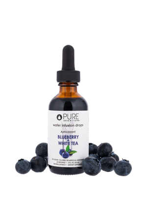 Super Fruit Extracts Water Infusion Drops - Blueberry + White Tea | Pure Inventions bottle surrounded by fresh blueberries, highlighting antioxidant wellness supplements.