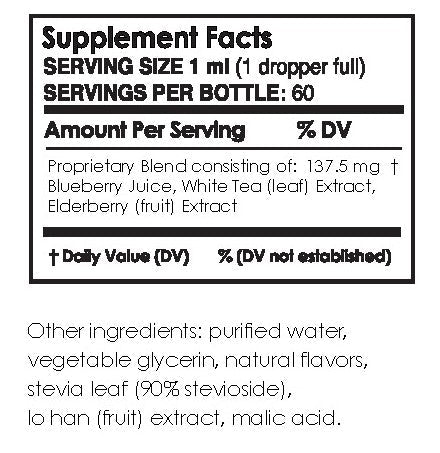 Supplement facts label for Super Fruit Extracts Water Infusion Drops - Blueberry + White Tea | Pure Inventions showing a 1 ml serving size with 60 servings per bottle, containing a proprietary blend of blueberry juice, white tea leaf extract, and elderberry fruit extract along with purified water, vegetable glycerin, natural flavors, stevia leaf, lo han fruit extract, and malic acid.