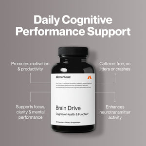 Bottle of Brain Drive dietary supplement for cognitive health and function with text highlighting benefits like enhanced focus, motivation, and neurotransmitter support.