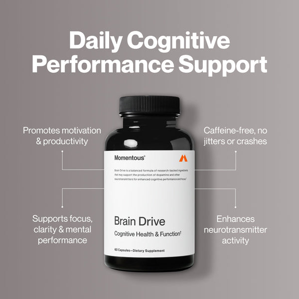 Bottle of Brain Drive dietary supplement for cognitive health and function with text highlighting benefits like enhanced focus, motivation, and neurotransmitter support.