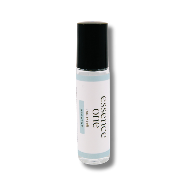 Small clear rollerball bottle with a black cap labeled Essence One Breathe Rollerball, designed for respiratory support wellness supplements.