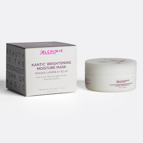 Kantic® Brightening Moisture Mask | Alchimie Forever skincare product with white jar and matching box featuring purple text, designed to brighten, nourish, and soothe the skin.